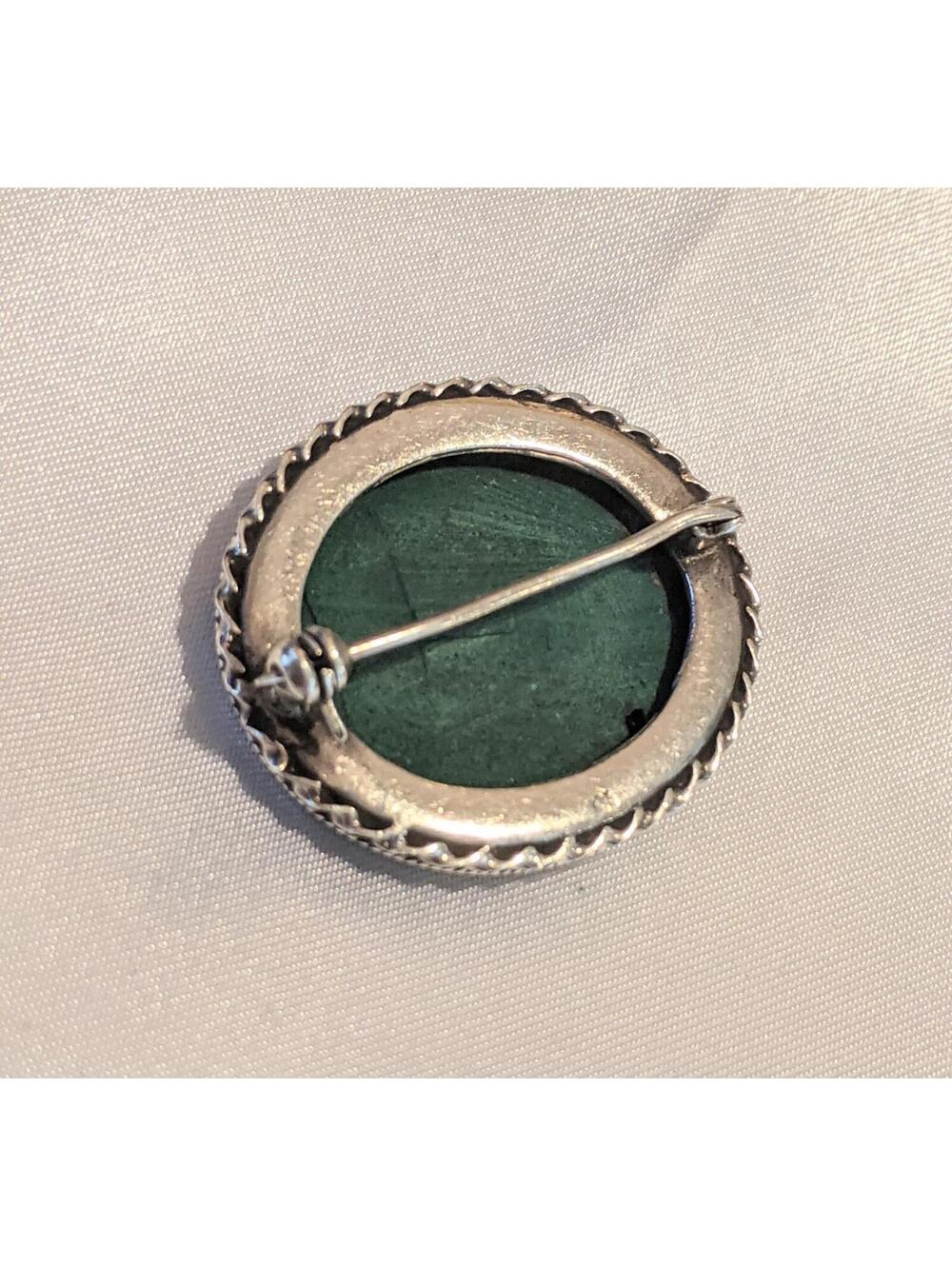 Vintage Natural Malachite Stone Brooch Pin Oval Shaped Sterling Silver 11.25g - Picture 6 of 8